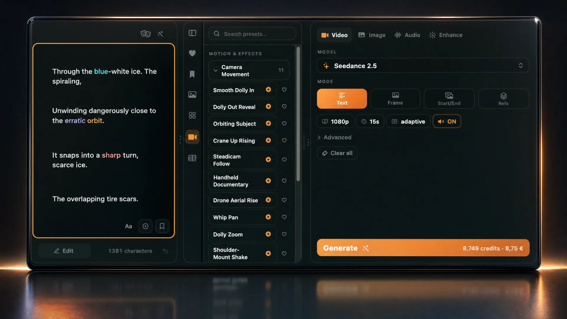 Promptr Studio Pro composer with motion presets and video generation controls